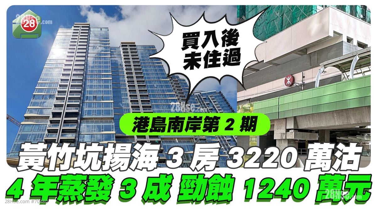 买入4年未住过｜黄竹坑站扬海3房3,220万沽 蒸发近3成劲蚀1,240万元
