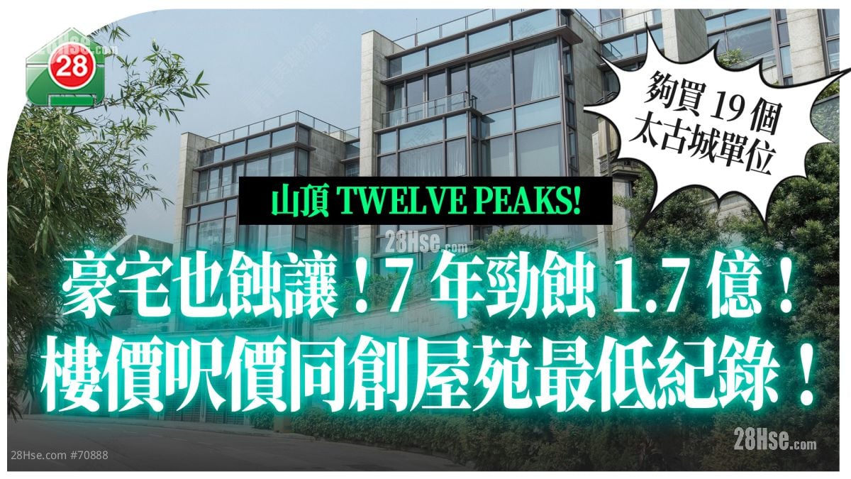 創新低價｜山頂TWELVE PEAKS 豪宅 7年勁蝕1.7億 夠買19個太古城單位！