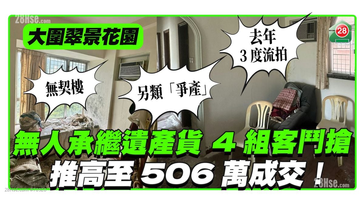 另類「爭產」｜大圍翠景花園無人承繼遺產貨 4組客鬥搶 推高至506萬成交