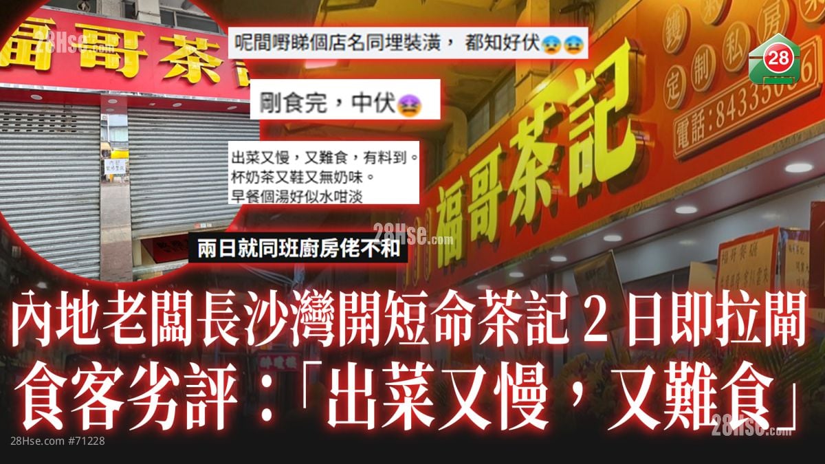 內地老闆長沙灣開短命茶記2日即拉閘 食客劣評如潮：「出菜又慢，又難食」