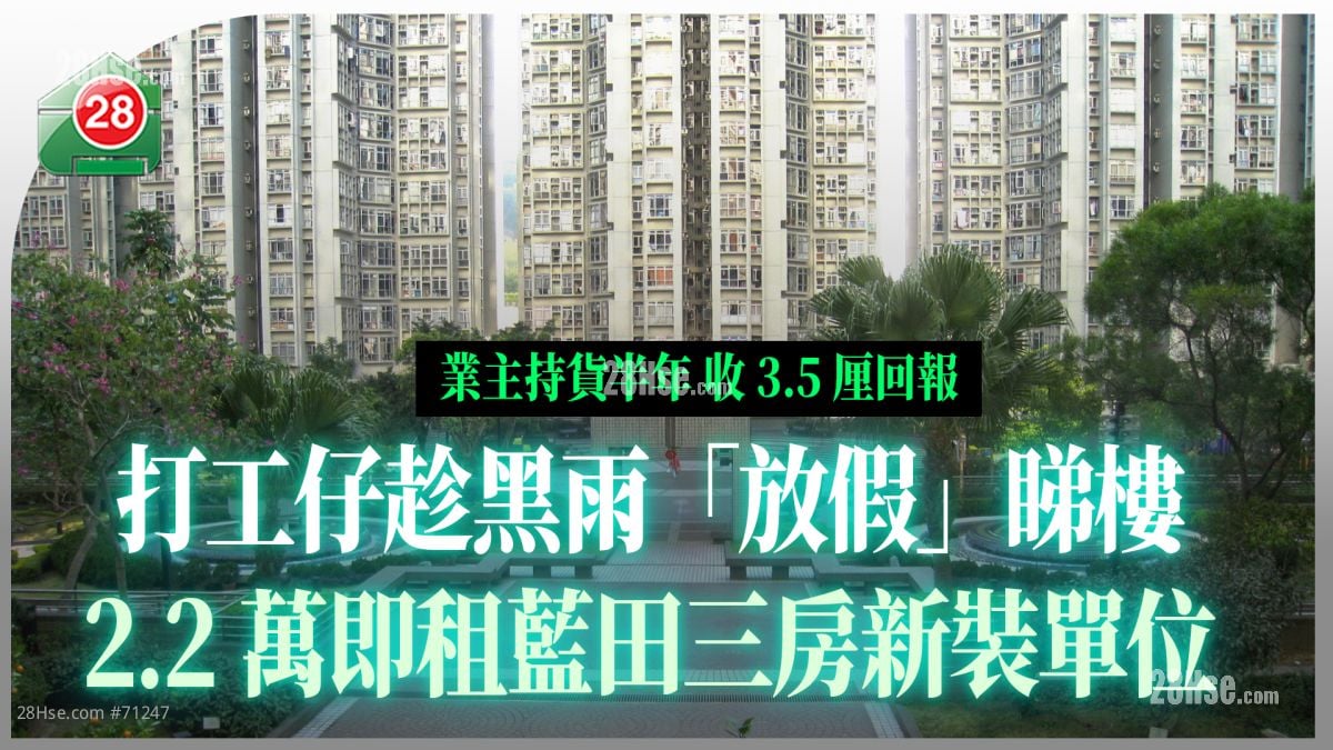 打工仔趁黑雨「放假」睇楼 2.2万即租蓝田三房新装单位 业主持货半年收3.5厘回报
