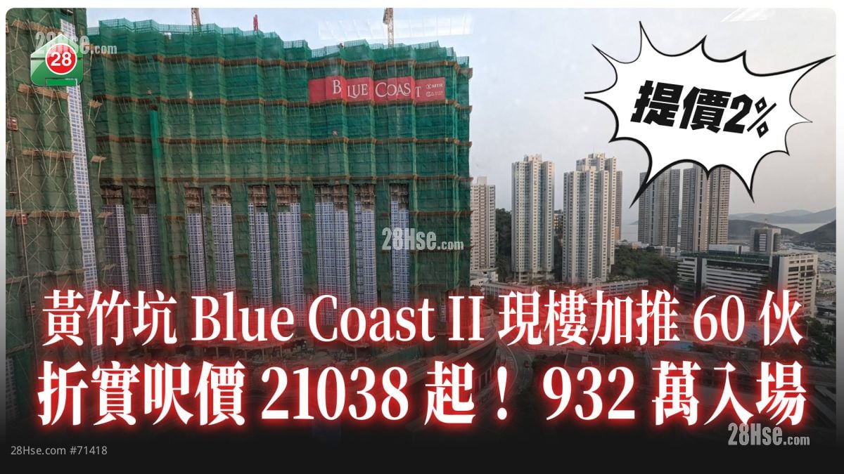 黄竹坑Blue Coast II现楼加推60伙 折实尺价21038元起 932万入场
