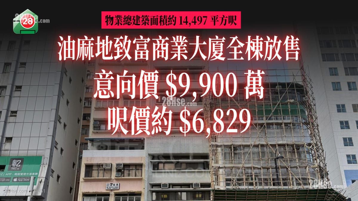 油麻地「致富商业大厦」全幢放售 意向价9,900万 尺价约6,829元 