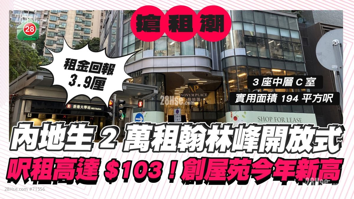 内地生2万租翰林峰开放式 尺租高达$103！破屋苑今年纪录！