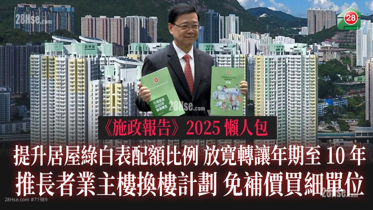 《施政报告》2025懒人包｜居屋绿白表配额比例升｜放寛转让年期至10年｜长者业主免补价楼换楼计划 