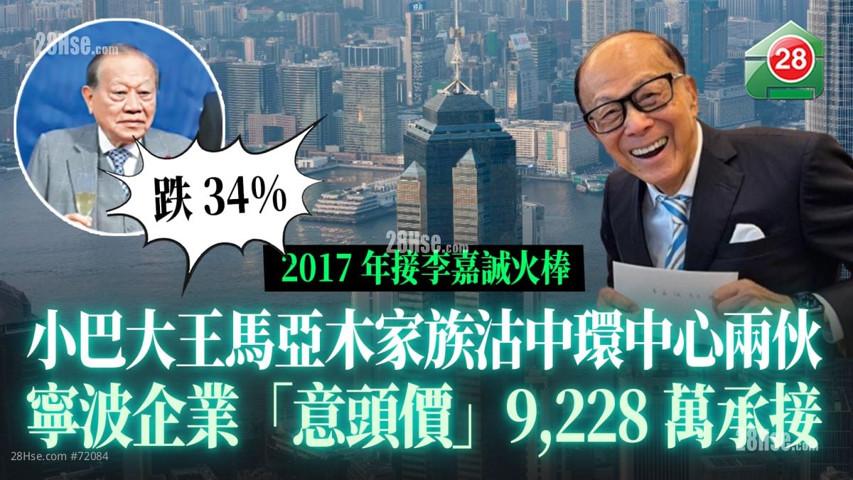2017年接李嘉诚火棒 小巴大王马亚木家族沽中环中心两伙 宁波企业「意头价」9,228万承接劲跌34%
