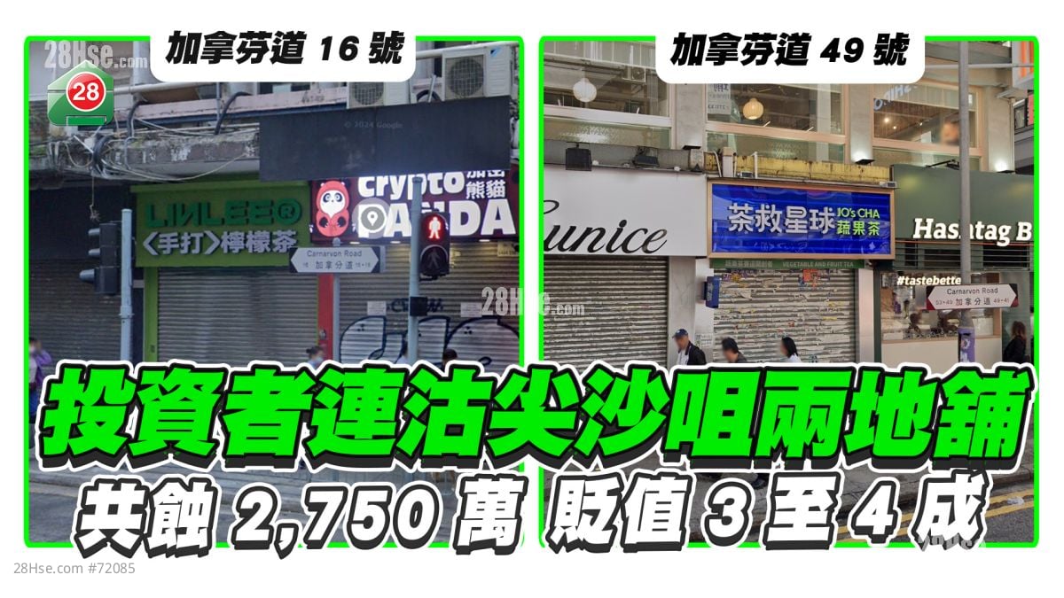 投资者连沽尖沙咀两地铺 共蚀2,750万！贬值3至4成