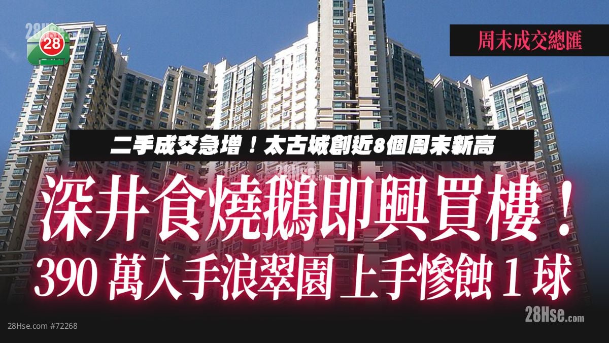 二手成交急增｜太古城交投创近8个周末新高 ｜食客深井食烧鹅即兴买楼   390万入手浪翠园 上手惨蚀1球