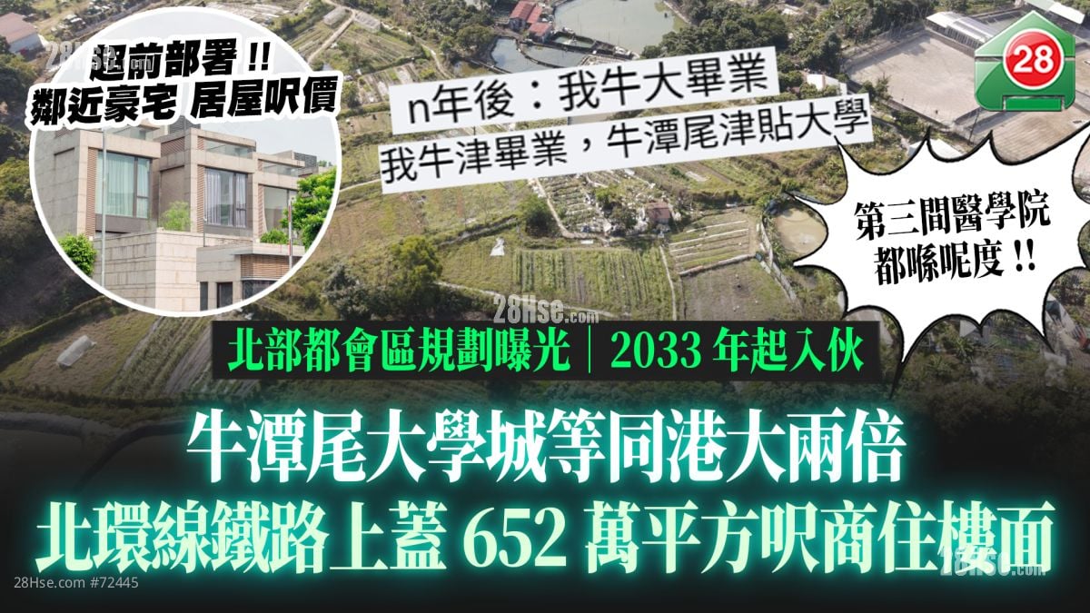 北部都會區規劃曝光｜牛潭尾大學城等同港大兩倍｜北環線鐵路上蓋652萬平方呎商住樓面｜2033年起入伙