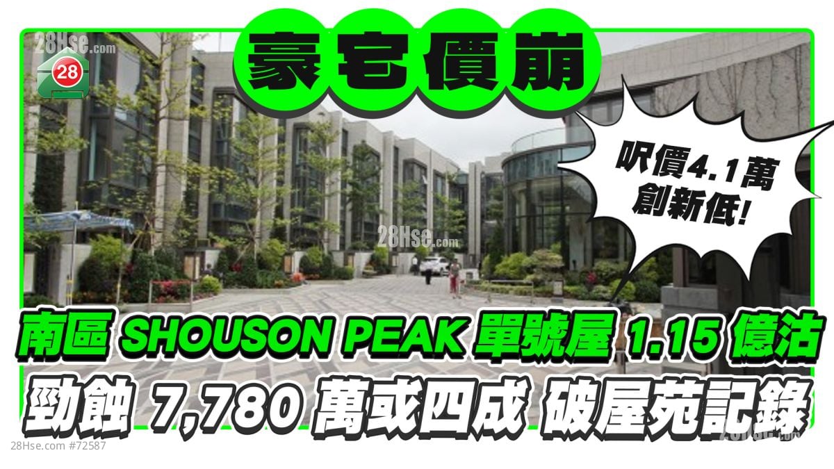 豪宅价崩丨南区SHOUSON PEAK单号屋1.15亿沽 劲蚀7,780万创纪录