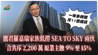 鷹君羅嘉瑞家族斥2,200萬低撈SEA TO SKY兩伙蝕讓貨 原業主蝕9%至15%