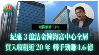 纪惠3亿沽金钟海富中心全层 买入收租近20年 转手劲赚1.6亿！