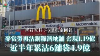 麦当劳1.19亿沽铜锣湾地铺 近半年累沽6铺袋4.9亿