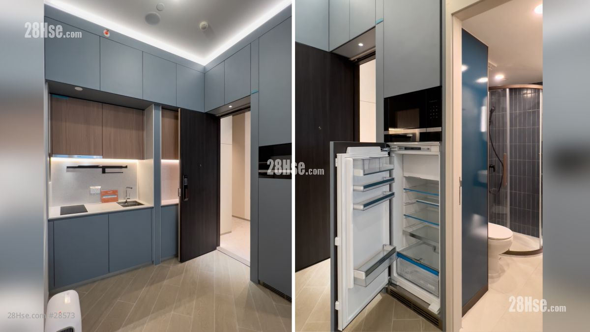 曉柏峰 大廈: 開放式廚房部分(圖左), 雪櫃設於浴室旁邊 (圖右)