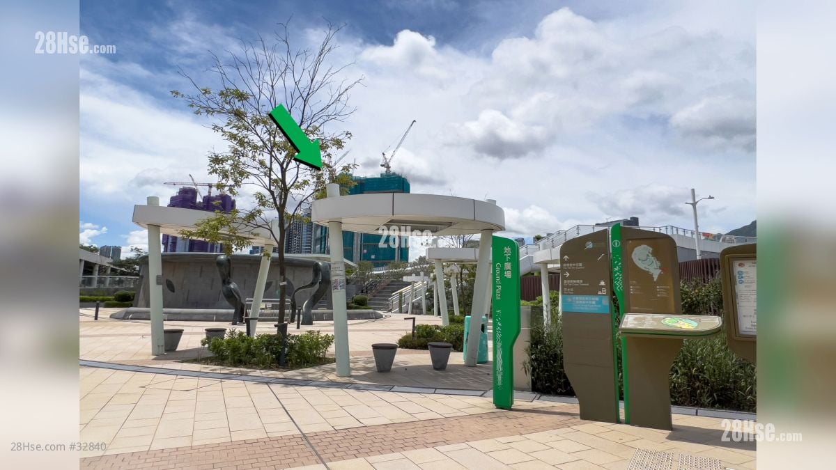 柏蔚森 II 設施: 承豐道尾段的地下廣場, 項目位於綠色箭嘴部分