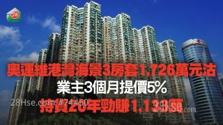 奥运维港湾海景3房套1726万沽 业主3个月提价5% 持货20年劲赚1133万！