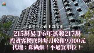 缇岸开放式银主盘腰斩一半 215万易手6年蒸发217万 投资客捞底料每月收租9,000元 代理：银码细！平过买车位！