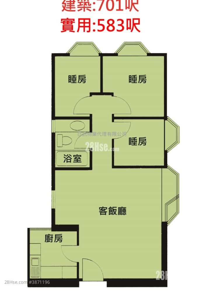 海濱花園 租盤 3 房 , 1 浴室 583 平方呎