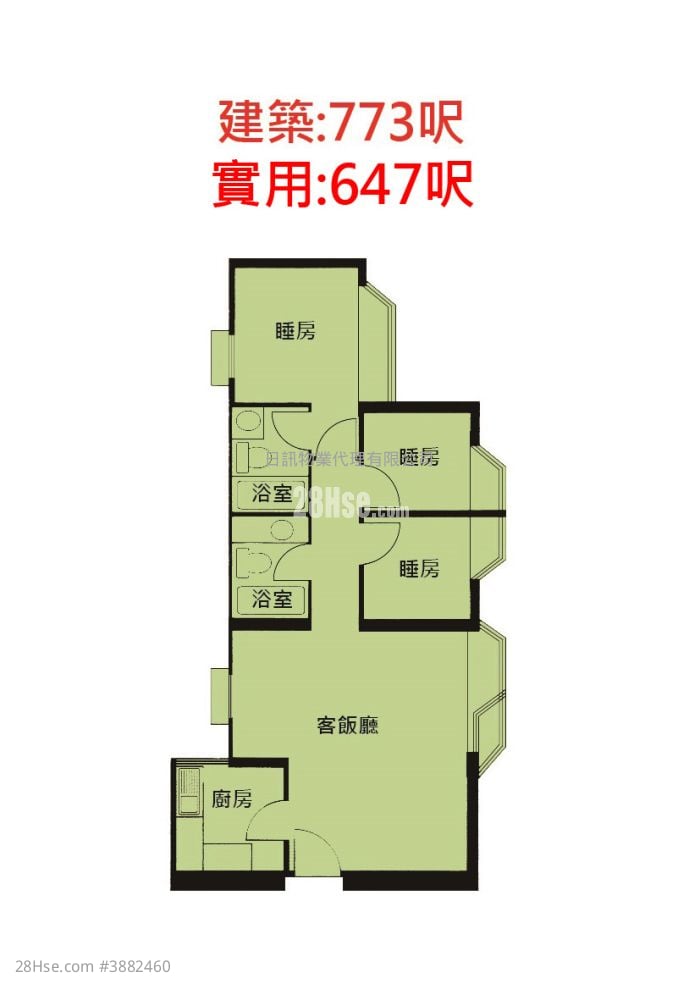 海濱花園 租盤 3 房 , 2 浴室 647 平方呎