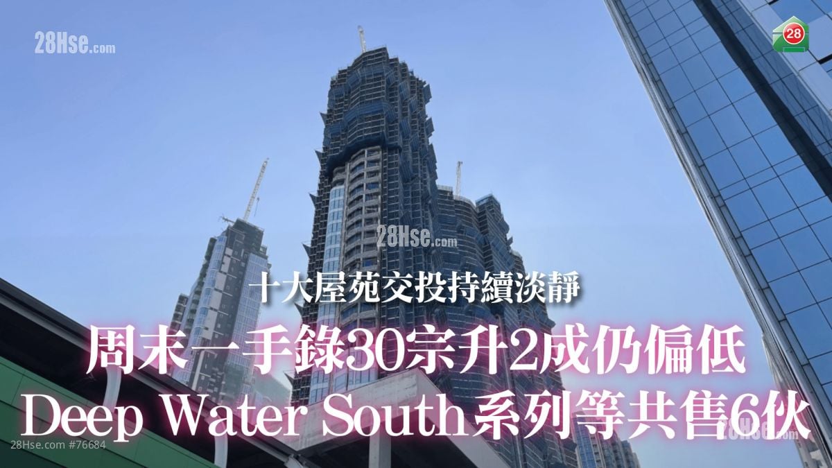 周末一手录30宗升2成仍偏低｜Deep Water South系列等共售6伙｜十大屋苑交投持续淡静