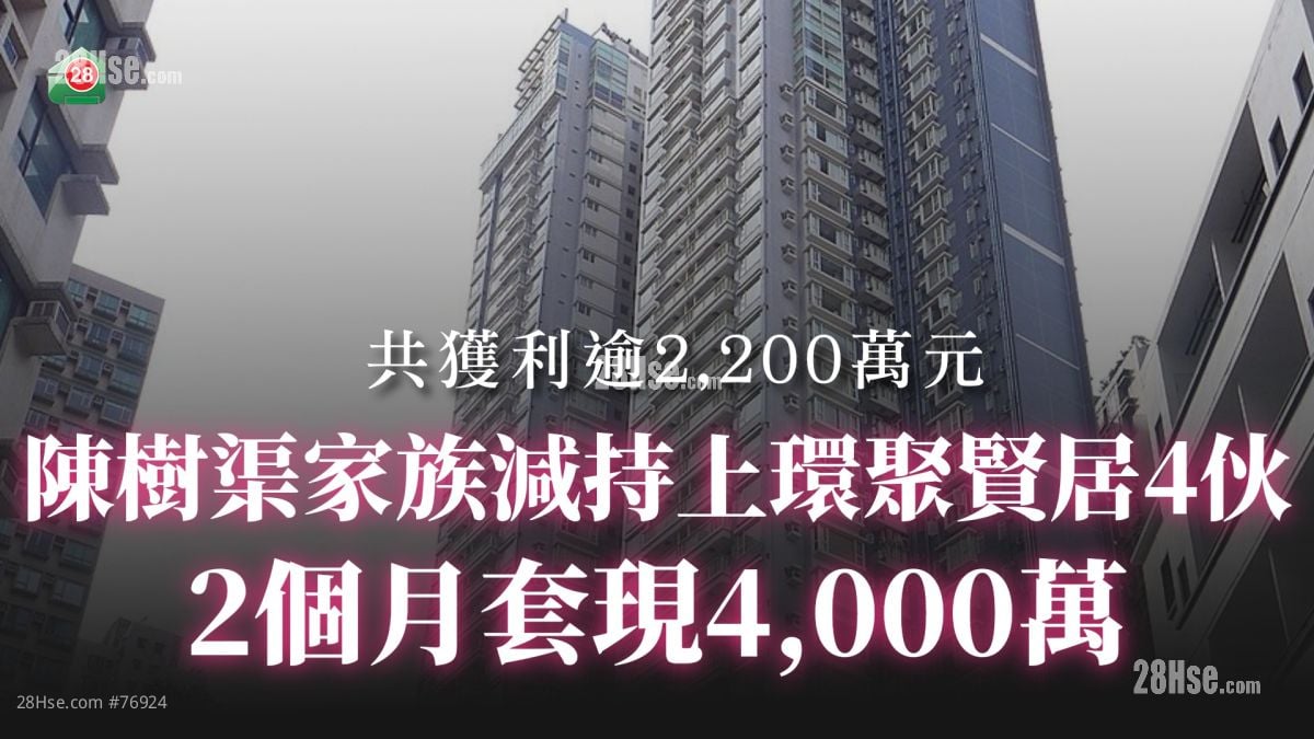 陳樹渠家族減持上環聚賢居4伙 2個月套現4,000萬