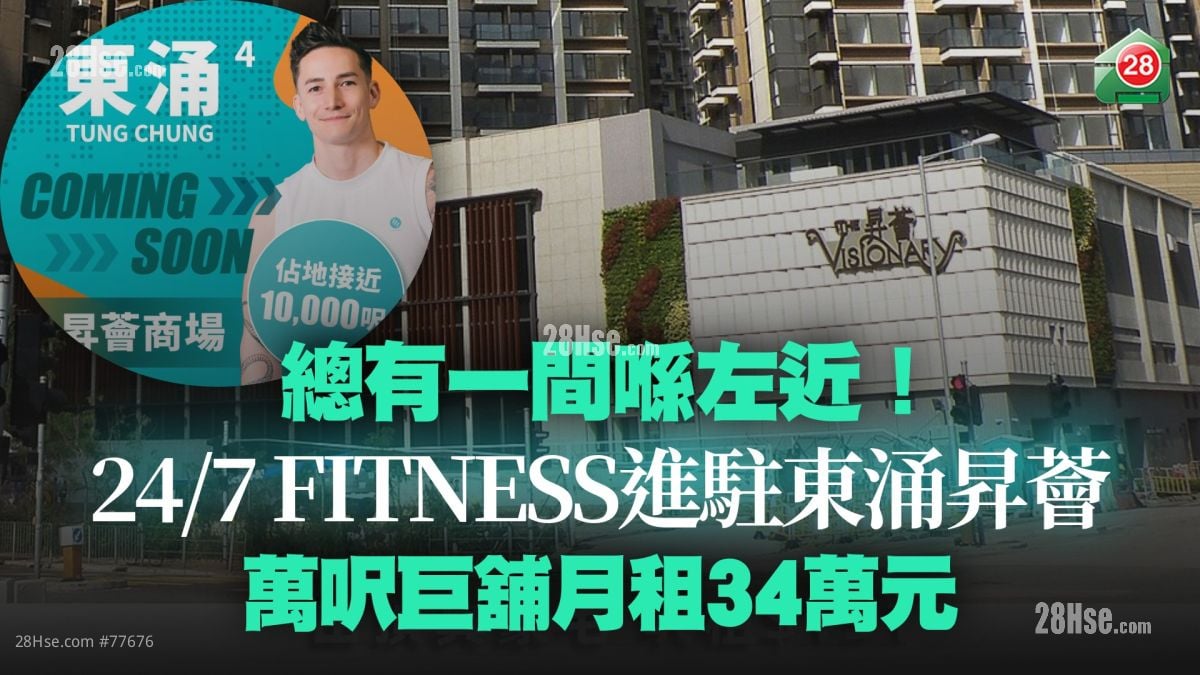 总有一间喺左近！ 24/7 FITNESS进驻东涌升荟万尺巨铺 月租34万元