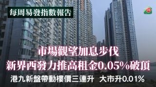 市場觀望加息步伐　新界西發力推高租金0.05%破頂｜ 港九新盤帶動樓價三連升　大市升0.01%