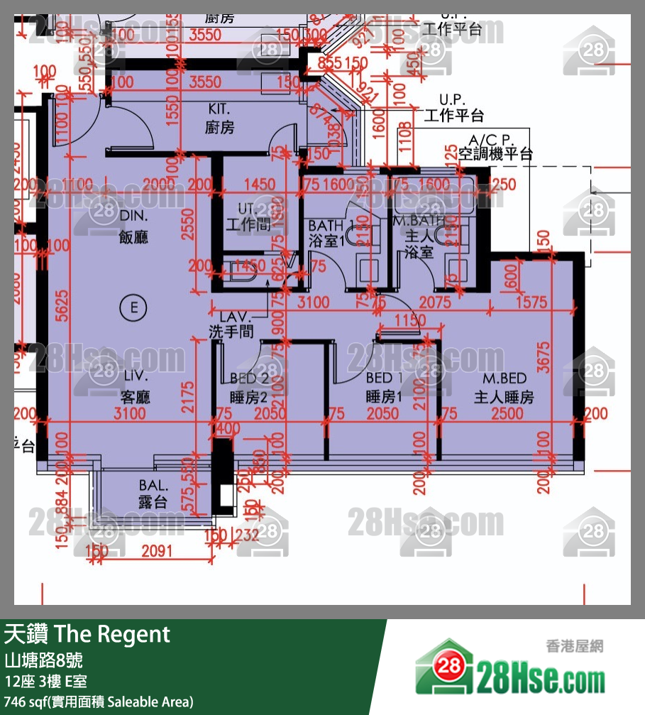 天鑽 12座 3樓 E室 平面圖