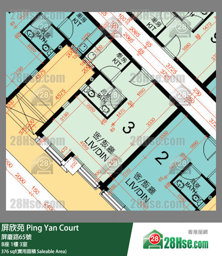 屏欣苑 B座 1樓 3室 平面圖