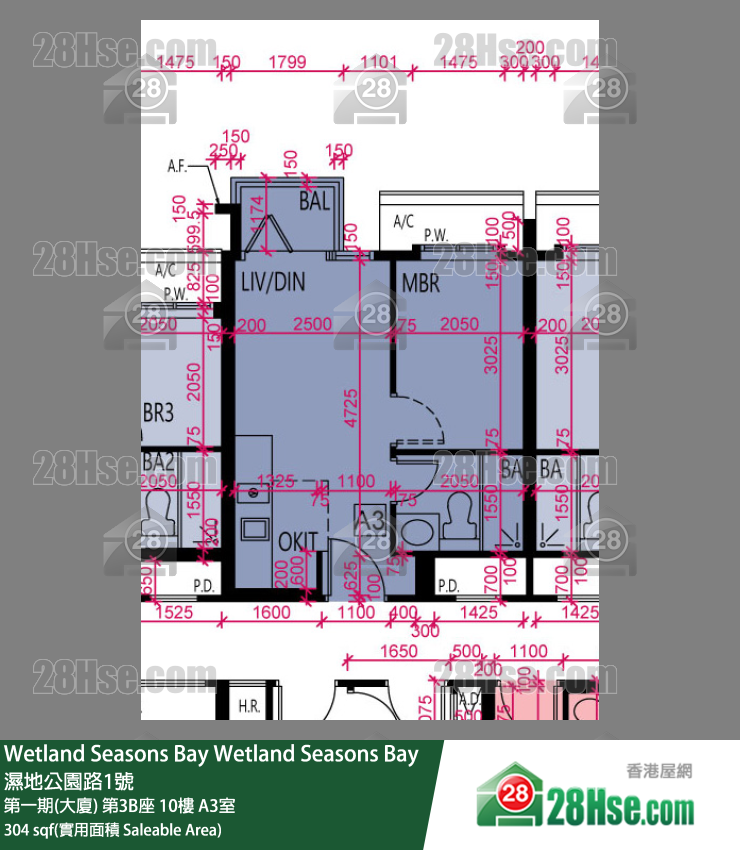 Wetland Seasons Bay 第一期(大厦)第3B座10楼 A3室 平面图