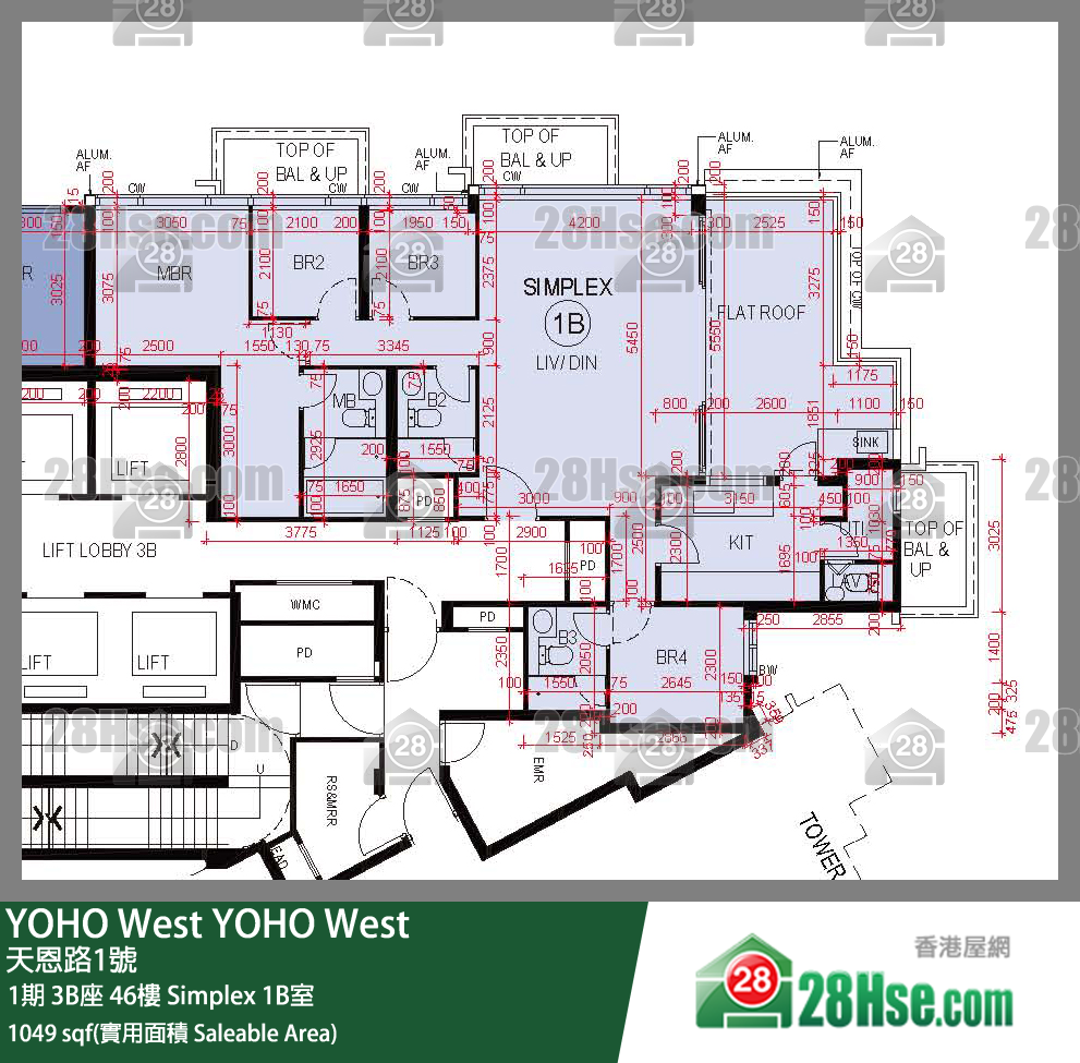 YOHO West 1期3B座46楼 Simplex 1B室 平面图