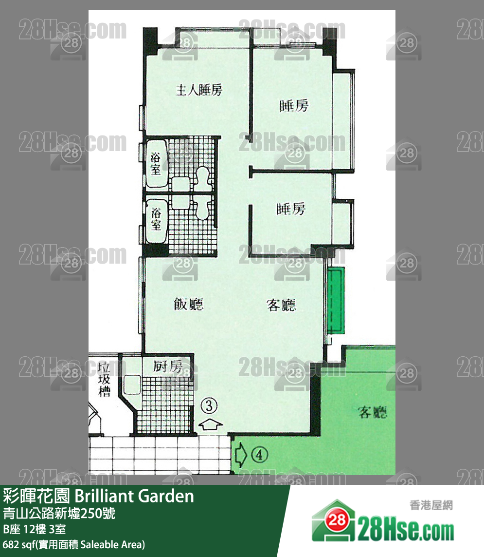 彩暉花園 B座12樓 3室 平面圖
