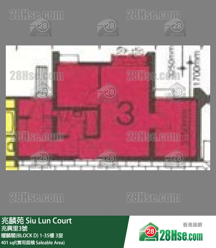 兆麟苑 耀麟阁(BLOCK D)1楼 3室 平面图