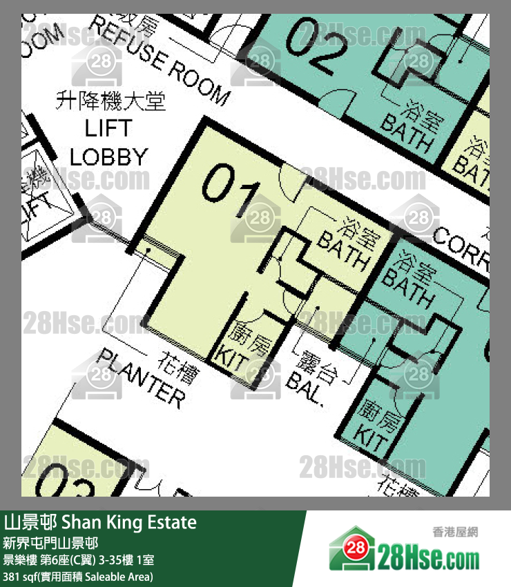 山景邨 景樂樓第6座(C翼)27樓 1室 平面圖