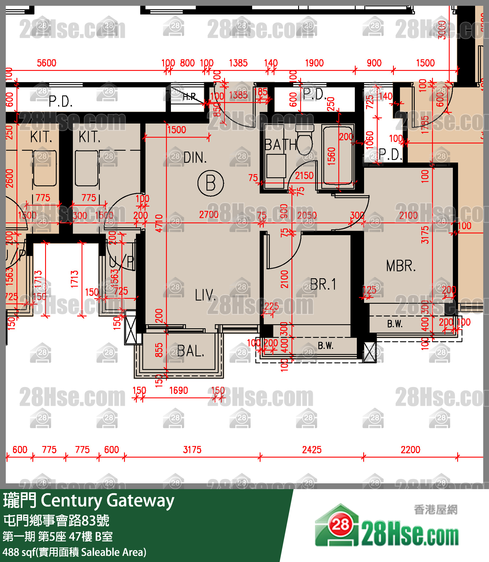 瓏門 第一期 第5座 47樓 B室 平面圖