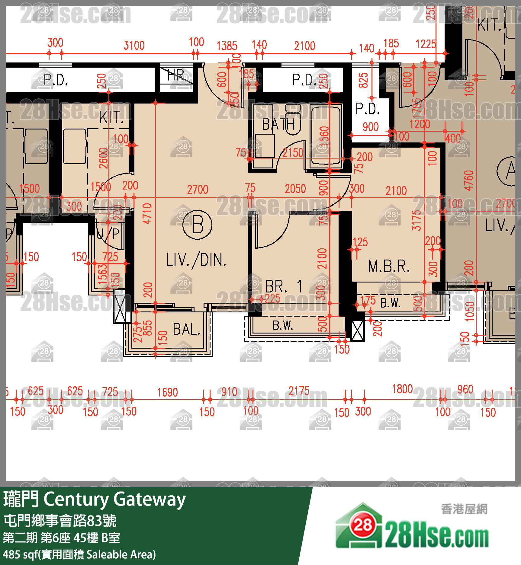 瓏門 第二期 第6座 45樓 B室 平面圖