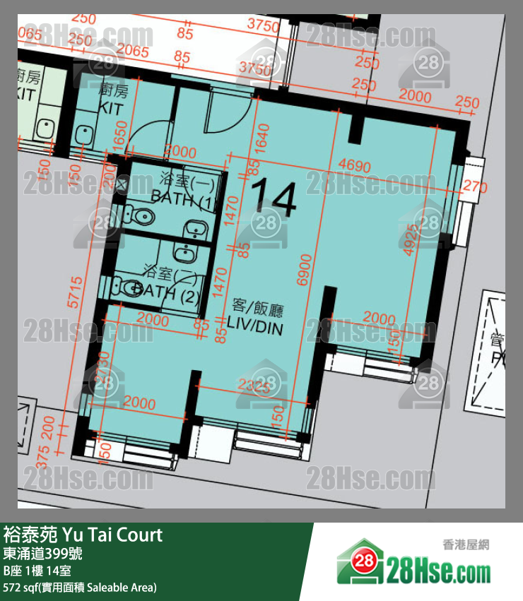 裕泰苑 B座1樓 14室 平面圖