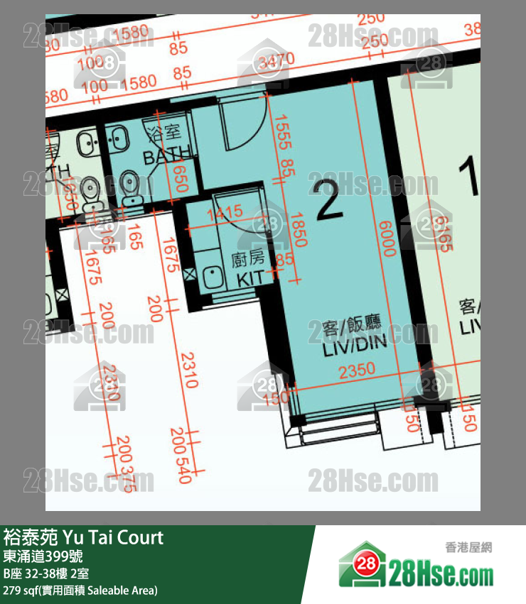 裕泰苑 B座38樓 2室 平面圖