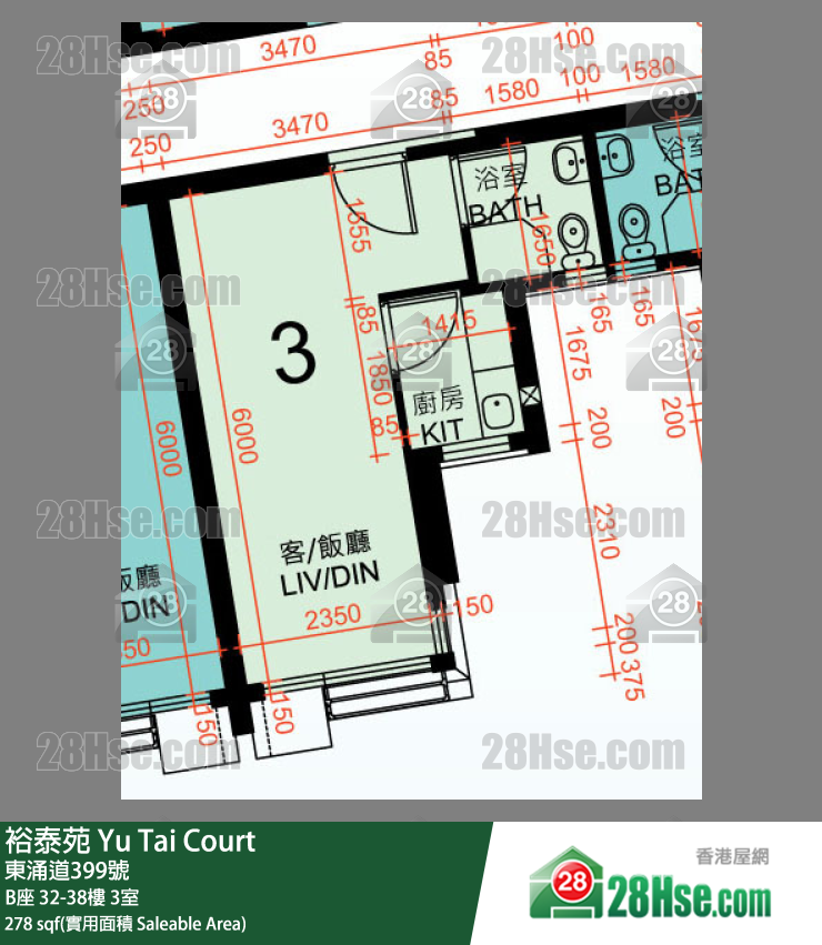 裕泰苑 B座35樓 3室 平面圖