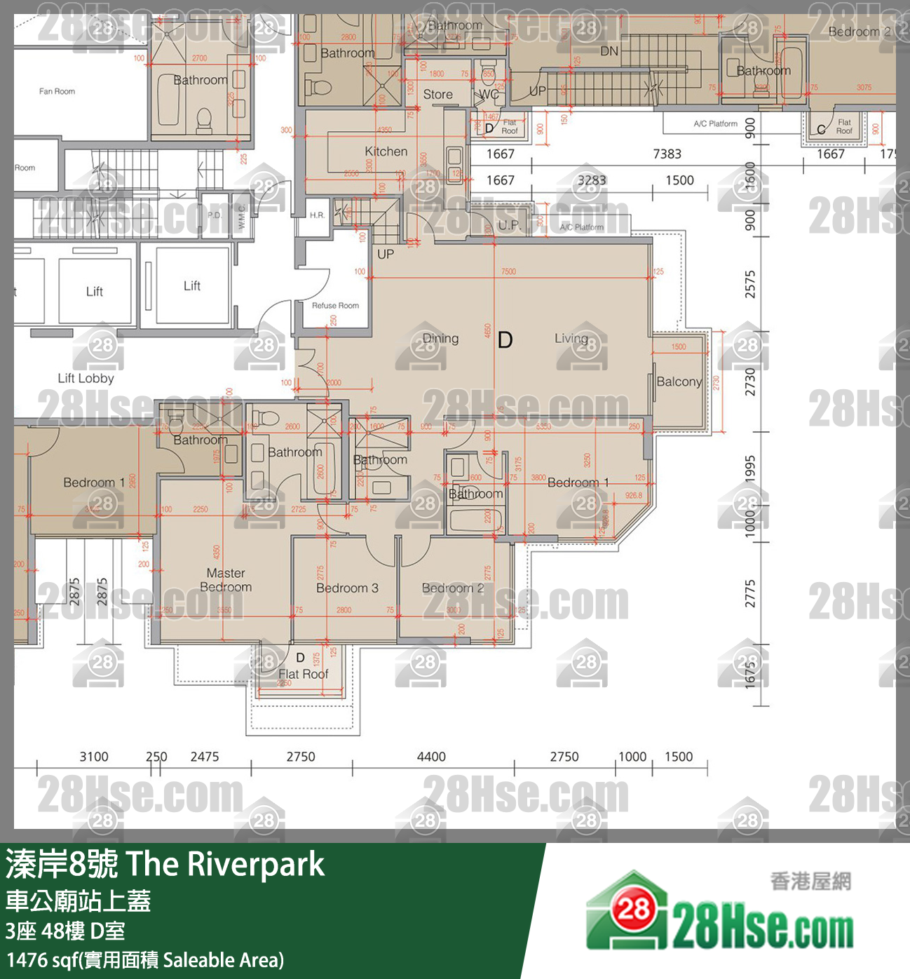 溱岸8號 3座 48樓 D室 平面圖