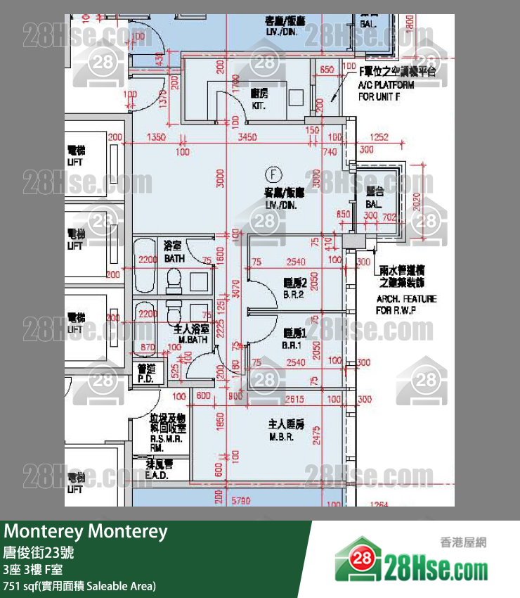 Monterey 大厦3座3楼 F室 平面图