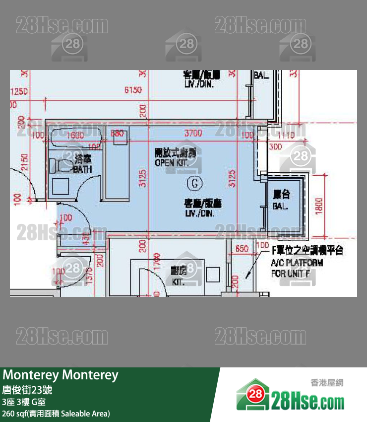 Monterey 大厦 3座 3楼 G室 平面图