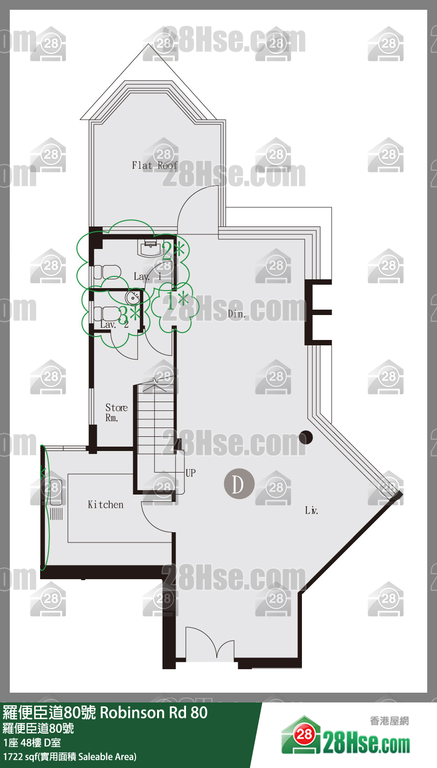 羅便臣道80號 1座 48樓 D室 平面圖
