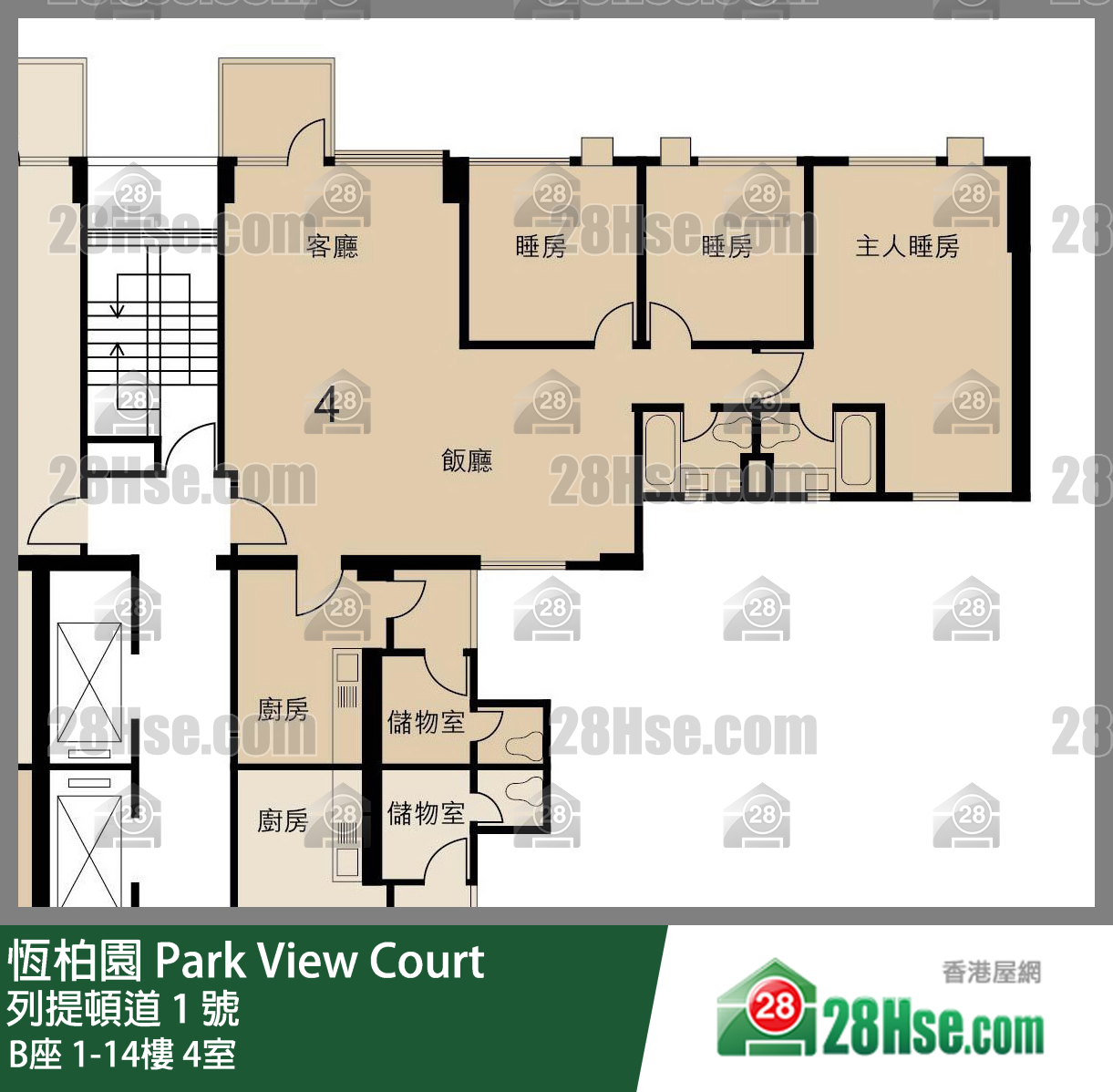 恒柏园 B座12楼 4室 平面图