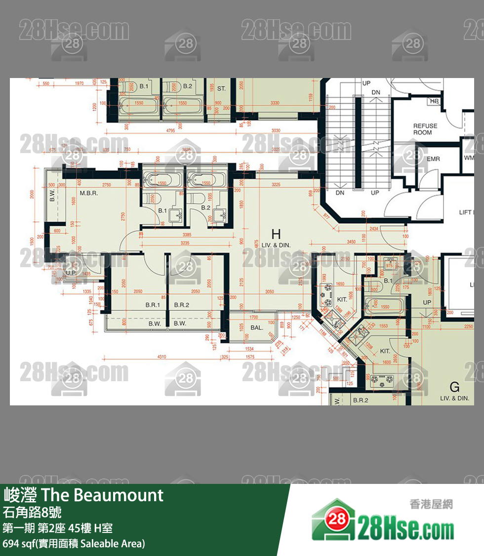 峻滢 第一期第2座45楼 H室 平面图