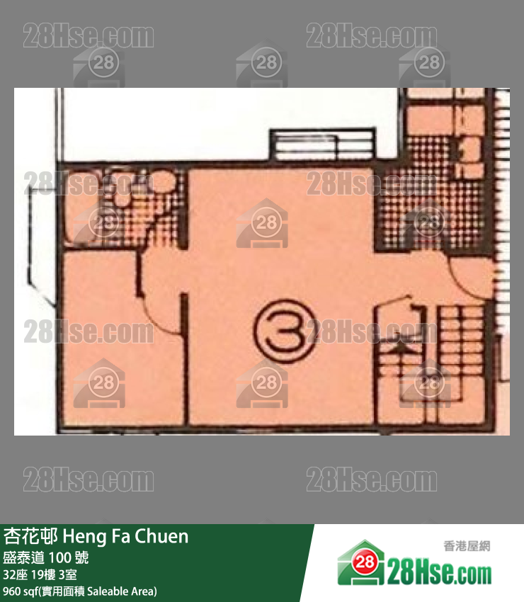 杏花邨 32座19樓 3室 平面圖