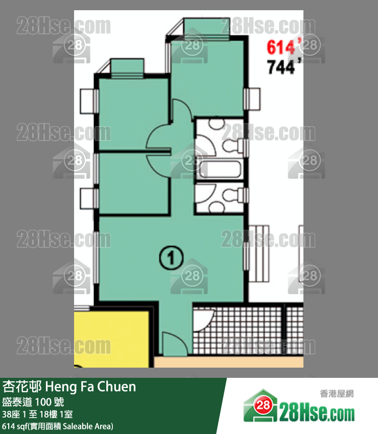 杏花邨 38座13樓 1室 平面圖