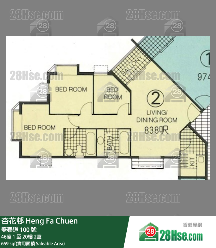 杏花邨 46座16樓 2室 平面圖
