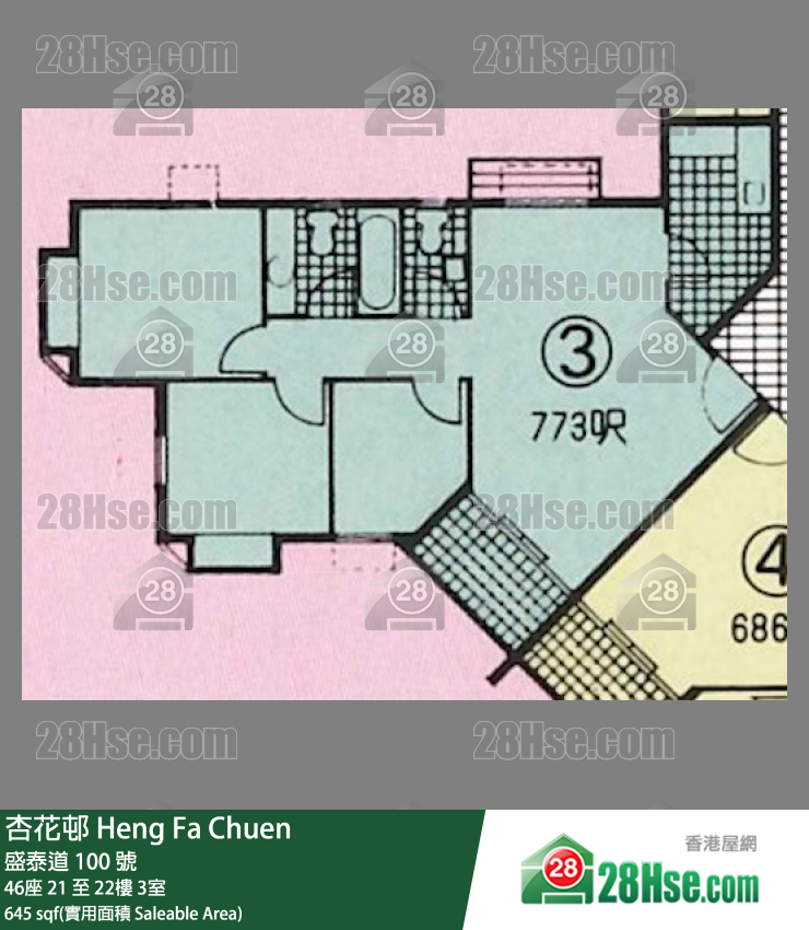 杏花邨 46座22樓 3室 平面圖