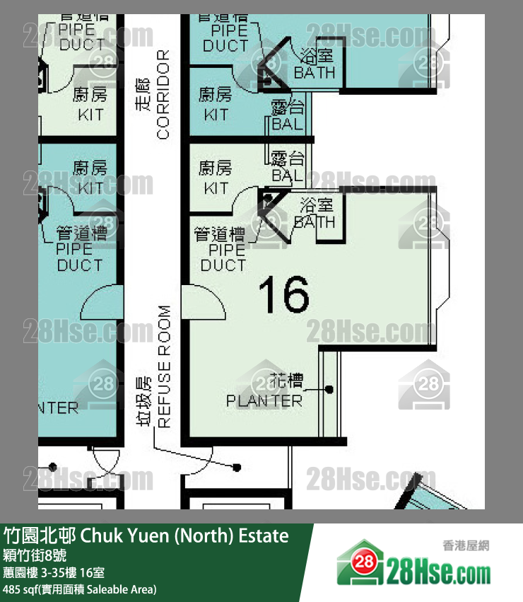 竹園北邨 蕙園樓16樓 16室 平面圖